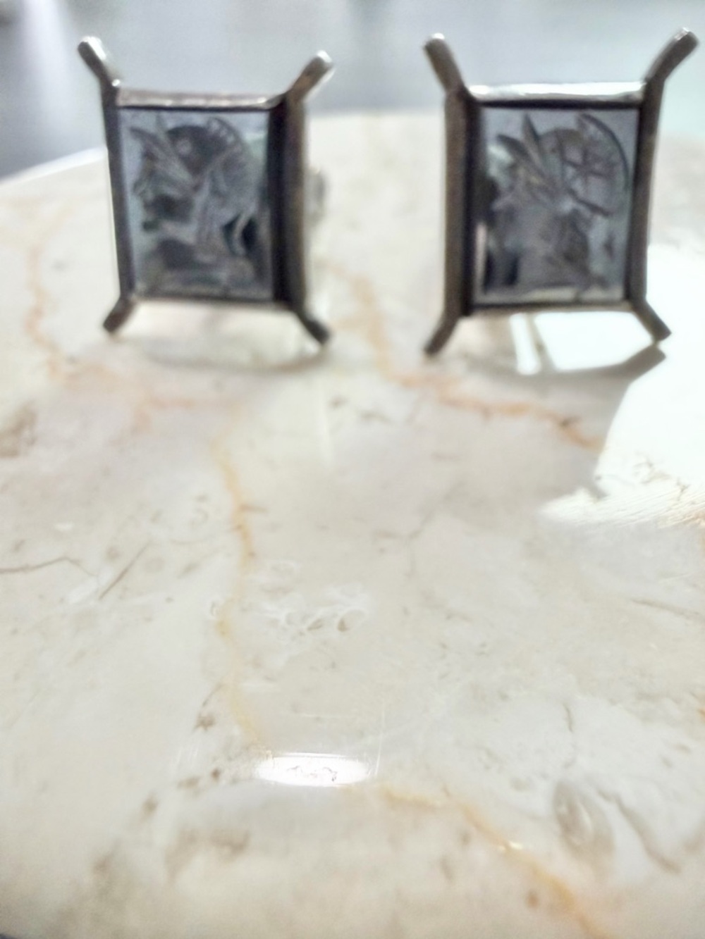 Vintage Sterling Silver Cameo Trojan Roman Soldier Cuff Links Carved Hematite - Picture 5 of 6